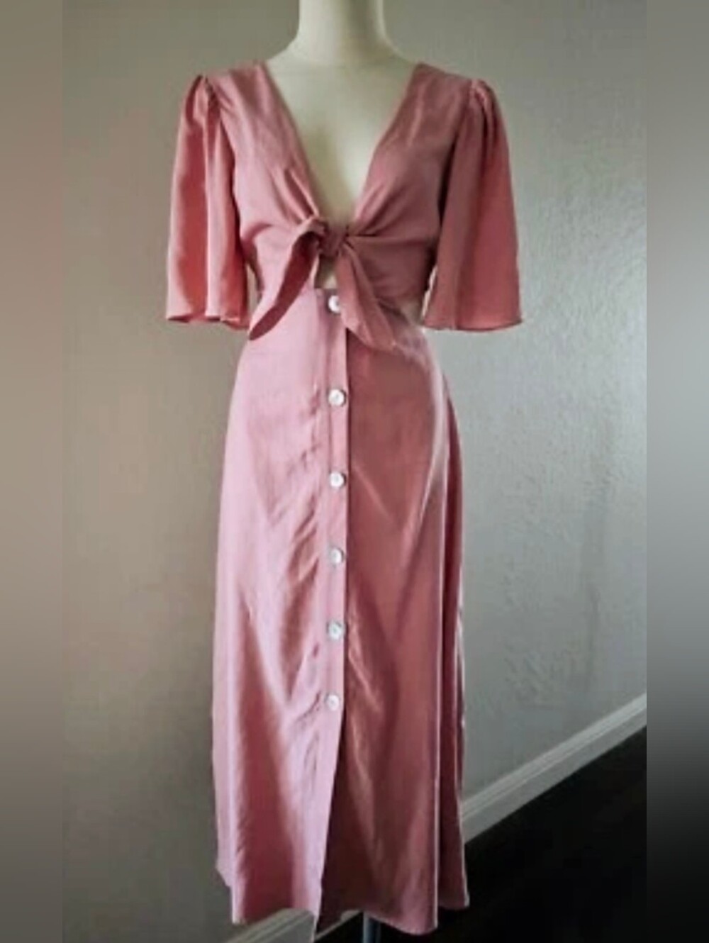 Zara Tie-Front Pink Button-Down Midi Dress NWT